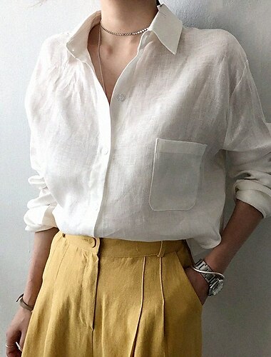  Mujer Camisas de algodón y lino Abotonar Tops largos de algodón Top de algodón blanco Plano Ropa de calle Casual Manga Larga Cuello Camisero Tops regulares Oficina Trabajo Negocio Botones Bolsillo