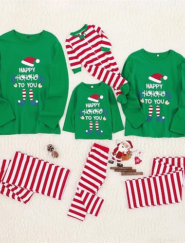  Familie-look Kerstmis Kerst Familie Pyjama Pyjama  Katoen Brief Alledaagse kleding Groen Lange mouw Dagelijks Bijpassende outfits