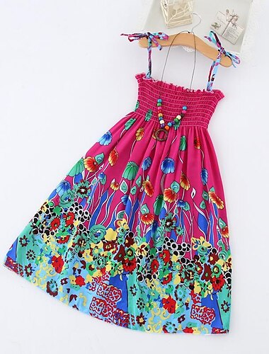  Copii Mic Fete Rochie Floral Rochie cu Bretele Zilnic Vacanță Plajă Imprimeu Trifoi Alb Negru Bumbac Lungime Genunchi Fără manșon De Bază Casual Vacanță Rochii Primăvară Vară Fit regulat 3-12 ani