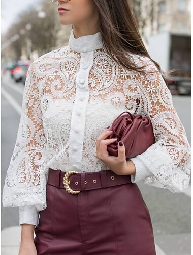  Damen Spitzenshirt Ausgehtop Bluse Elegant Vintage Fashion Schnüren Langarm Normale Oberteile Party Club Schwarz Weiß Apricot Frühling Herbst