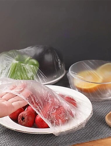 100-teilige Einweg-Lebensmittelabdeckung Plastikfolie elastische Lebensmitteldeckel für Obstschalen Tassen Kappen Aufbewahrung Küche frisch halten Sparbeutel
