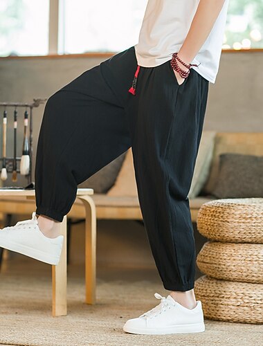  Voor heren Harem Jogger Linnen broek Broek Zomerbroek Trekkoord Effen Voor buiten Enkellengte Huis Casual Dagelijks Chinoiserie Volksstijl Ruim Passend Leger groen Zwart Micro-elastisch