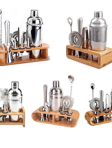  bartender kit mezclador de coctelera de acero inoxidable 350ml bar tool set with elegant bamboo stand perfect home bartending kit and martini cocktail shaker set