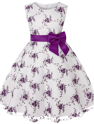  Niños Chica Vestido Floral Sin Mangas Fiesta Bordado Ajuste de encaje Lazo Estilo lindo Algodón Hasta la Rodilla Vestido de Patinaje Verano 3-10 años Rosa Rosa polvorienta Rojo