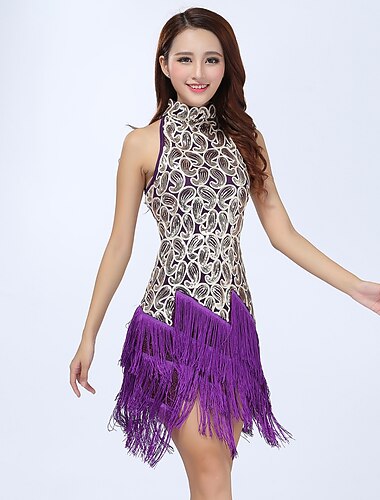  الرقص اللاتيني فستان مهدبة شرابة ربط شىء صغير براق نسائي التدريب أداء بدون كم بوليستر عالي