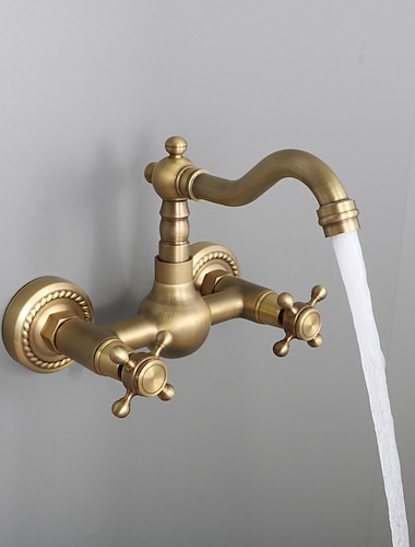  Robinet de lavabo de salle de bain, montage mural doré à mélangeurs, robinet de lavabo de salle de bain à bec standard de style rétro avec interrupteur froid et chaud
