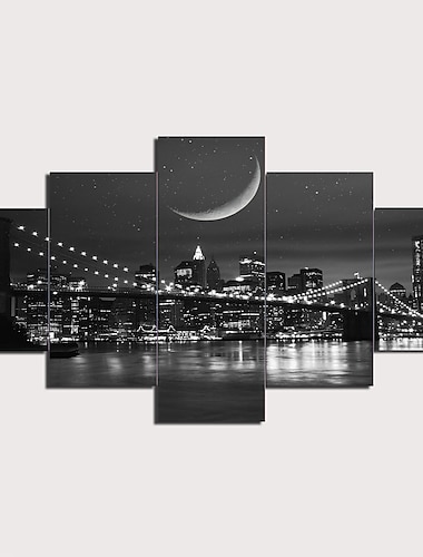  5 Panels Wandkunst Leinwanddrucke Malerei Kunstwerk Bild Nachtbrücke Stadtlandschaft Skyline Wohnkultur Dekor gerollte Leinwand kein Rahmen ungerahmt ungedehnt