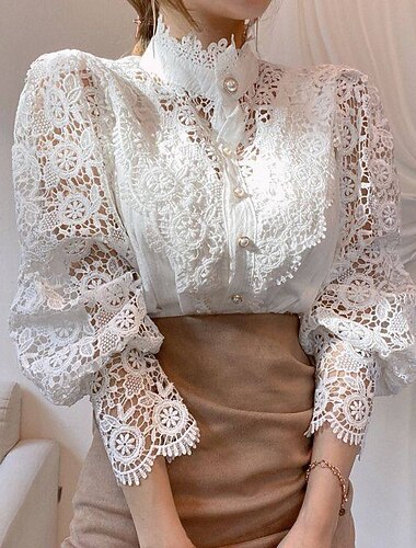  camicia da donna camicia in pizzo top da sera camicetta elegante vintage moda pizzo manica lunga top normali festa club nero bianco albicocca primavera autunno