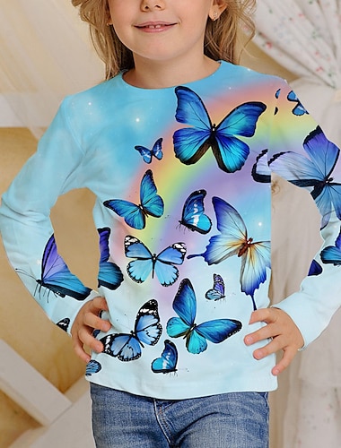  Camiseta de manga larga con estampado 3d de mariposa arcoíris para niños y niñas, tops azules claros para niños, ajuste regular activo de otoño de 4 a 12 años