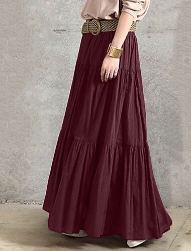  Damen Schaukel Arbeitsröcke Langer Rock Vintage Sommer Maxi Röcke Einfarbig Gefaltet Rüsche Urlaub Normal Schwarz Wein Purpur Braun Herbst Baumwolle Baumwolle und Leinen