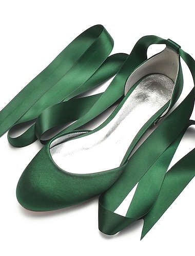  Bailarinas de mujer de satén verde con lazos largos, zapatos elegantes y cómodos para bodas y ocasiones especiales