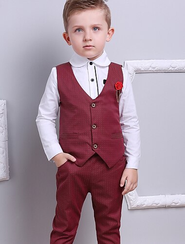  3 Stück Ring-Träger Anzug Jungen kinderkleidung Anzug Formeller Anzug Anzug & Blazer Kleidungsset Schulanfang Formal Heim Cool Sanft Plaid Bedruckt Schwarz Wein Rote Baumwolle