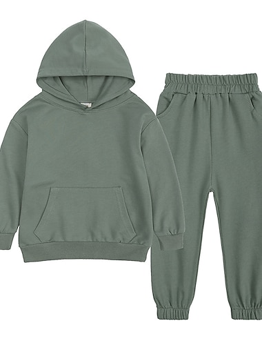  Bambino Da ragazzo Felpa con cappuccio e pantaloni Completo 2 pezzi Manica lunga Verde Blu Grigio Tinta unica Cotone Strada Casual / quotidiano Stile di strada Sportivo Standard / Autunno / Inverno