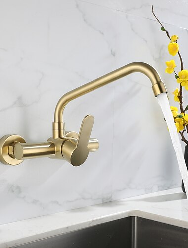  Küchenarmatur - Einhebelmischer mit zwei Löchern, Topffüller aus gebürstetem Gold, an der Wand montierte zeitgenössische Küchenarmaturen
