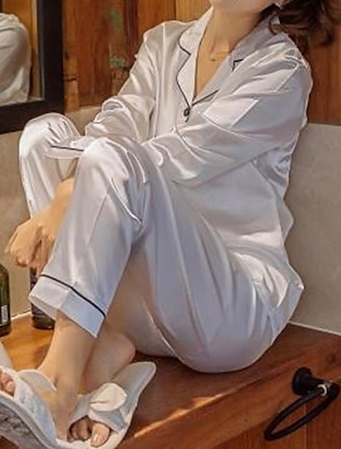  present pyjamasset för kvinnor hemmafest daglig bas ren färg satin enkel ledig mjuk skjorta byxa höst vår sommar skjorta krage långärmad långbyxa spänne ficka hem outfits