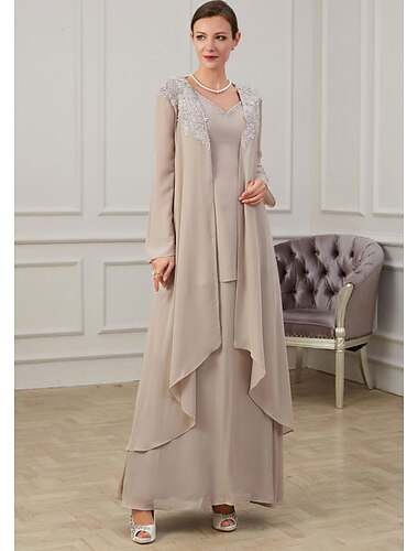  Vestido A-Line Madre de la Novia Invitada de Boda Elegante Cuello Joyero Largo de Chiffon Vestidos de Manga Larga con Apliques 2025 talla personalizada gratuita