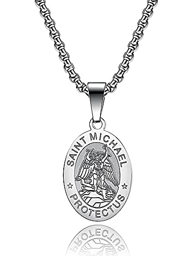  ovale roestvrijstalen heilige christopher/michael medaille ketting voor mannen vrouwen, zilver goud zwarte hanger ketting eenvoudige sieraden geschenken (zilver heilige michael (zilver))