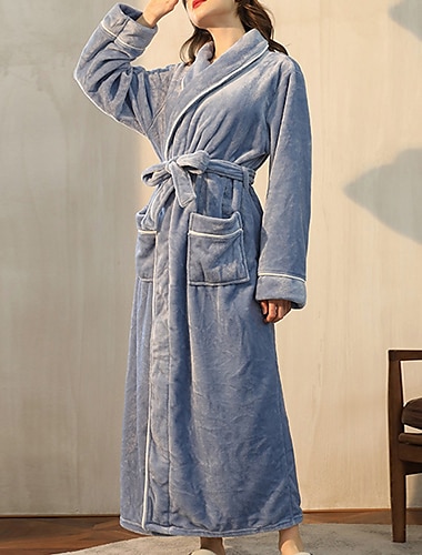  Albornoz de mujer, pijama, bata, camisón, 1 pieza, color puro, cálido, felpa, informal, para fiesta, hogar, uso diario, polar, rizo, manga larga, estilo moderno, cinturón incluido, bolsillo, otoño,