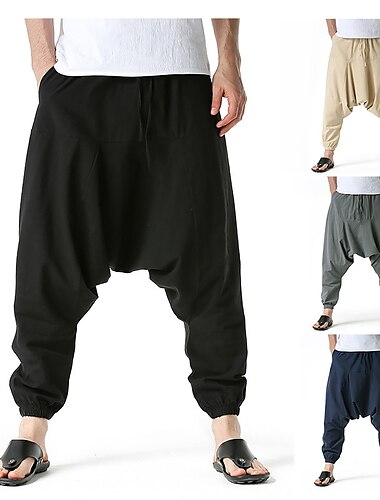  Herr Harem Linne Byxor Långbyxor Sommarbyxor Byxor Elastisk midja Släpp grenen Slät Mjuk Fullängd Ledigt Dagligen Linne- / bomullsblandning Bomull och linne Hippie Yoga Lös passning Svart Marinblå