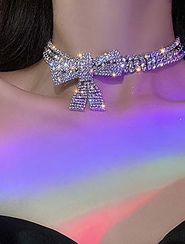 Rhinestone Choker Necklace Bow-Knot Full Crystals Necklaces Silver Sparkly Necklace Chain Jewelry Fashion Party Accessories for Women and Girls