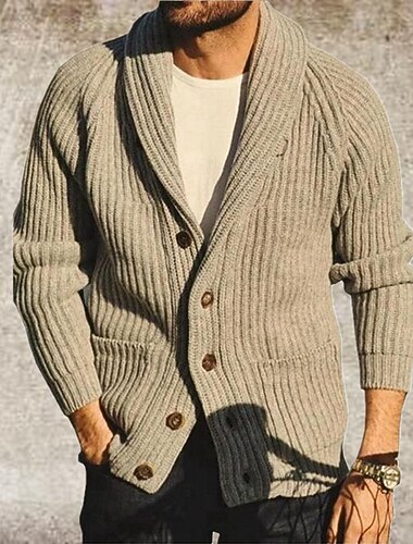  Herren Pullover Strickjacke Stricken Strick Feste Farbe Schalrevers Stilvoll Vintage-Stil Freizeitskleidung Bekleidung Herbst Winter Khaki M L XL