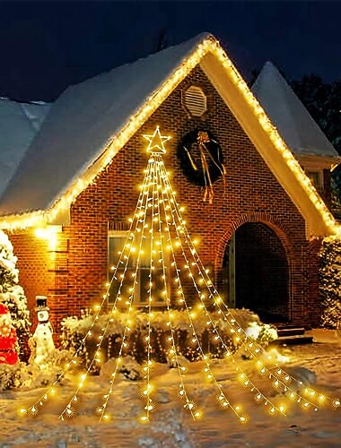  Cadena de luces para árbol de Navidad, decoración al aire libre, cadena de luces de estrellas, 8 modos de enchufe, 350 led, cascada, árbol de Navidad, topper de estrella, luz de hadas para patio,