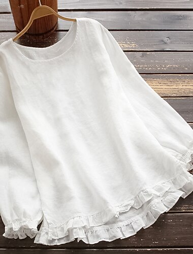 Dames Grote maten Katoenmengeling Blouse Ruche Sla Trim Effen Basic Casual Comfortabel Lange mouw Strakke ronde hals Ronde hals Lange tops Dagelijks Weekend Zwart Wit Geel Blozend Roze Leger Groen