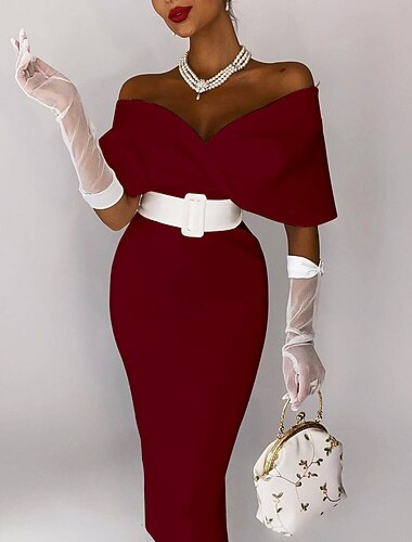  Linjeform Te-lengde Cocktailkjoler Festkjoler Elegant Fest Bodycon Ermeløs Løse skuldre Bryllupsgjest Festklær Stretchstoff med Belte / bånd 2025