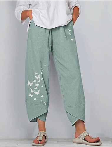  Mujer Pantalones de lino Pantalones Mezcla Lino Algodón Holgado Estampado Alta cintura Hasta el Tobillo Negro / Rojo Primavera & Otoño