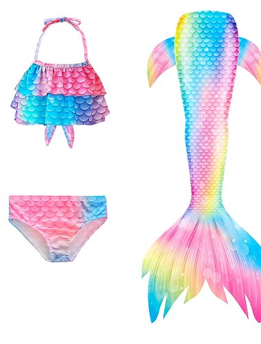  Kinderen Voor meisjes Drie stuk Zeemeermin zwemkleding Badmode Strand Zwemmen Kleurenblok Regenboog Actief Afdrukken Badpakken 3-10 jaar Zomer Blozend Roze Stoffige roos