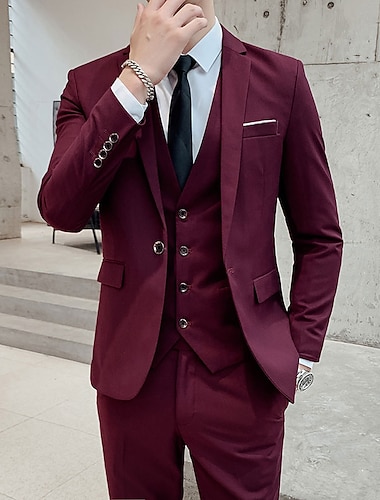  Black White Burgundy Men's Wedding Party/Evening Suits Solid Colored 3 Piece Standard Fit Single Breasted One-button 2024