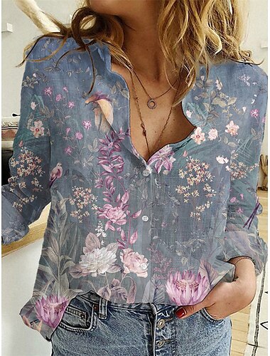  Damen Shirt Hawaiianisch Maroon Schwarz Pink Grafik Floral Knopf Druck Langarm Lässig Vintage Hemdkragen Reguläre Sommer Feiertagskleidung