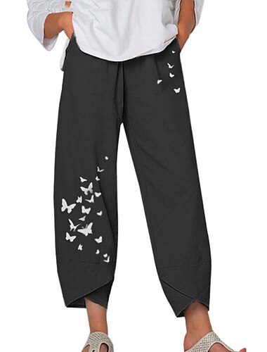  Damen Normal Hose aus Baumwollleinen Hosen Hose Capri-Shorts Chino Knöchellang Hohe Taille Schmetterling Baggy Druck Atmungsaktiv Weich Außenbereich Unelastisch Lässig Ausgehen Schwarz / Rot Hellgrün