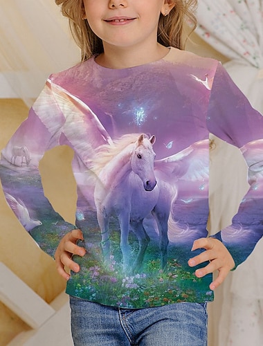  Niños Chica Camiseta Manga Larga Impresión 3D Unicornio Caballo Rosa Niños Tops Otoño Activo Ajuste regular 4-12 años