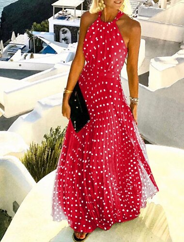  damen freizeitkleid swingkleid gepunktetes kleid langes kleid maxikleid chiffonkleid plissiert grün schwarz blau ärmellos bedruckt frühling sommer halter hals urlaub strand täglich 2023 s m l xl