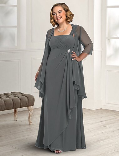  Twee Delige A-Lijn Moeder van de Bruid Jurk Bruiloft Gast Elegante Plus Size Vierkante Hals Vloerlengte Chiffon Mouwloze Jas Jurken met Plooien 2025 gratis op maat