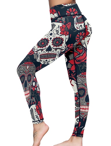  Жен. Штаны для йоги Подтяжка Утягивание живота Завышенная Тренировка в тренажерном зале Бег Фитнес Велоспорт Колготки Леггинсы Нижняя часть Черепа Красный Осень Зима Виды спорта Спортивная одежда