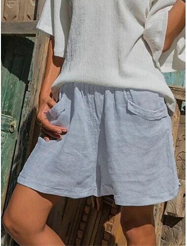  Mujer Normal Pantalones cortos de lino y algodón Pantalones inspirados en el lino Pantalones de lino y algodón Casual Corto Media cintura Plano Bolsillo Cintura elástica Transpirable Suave Rígido Fin