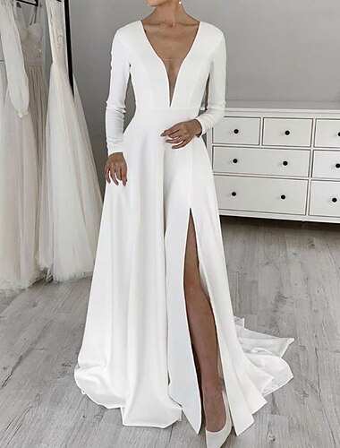  Простые свадебные платья трапециевидной формы с v-образным вырезом и длинными рукавами, со шлейфом и эластичной тканью, свадебные платья с 2024 годом