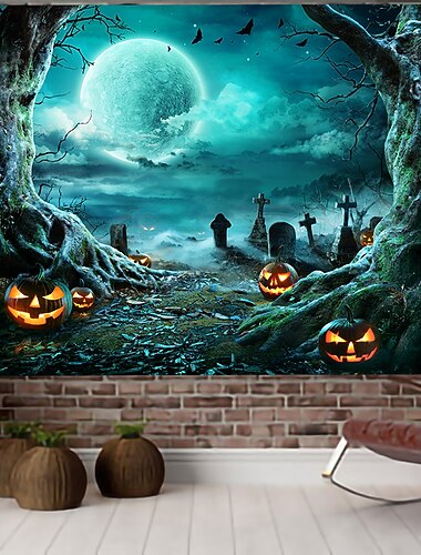  halloween dekorationer gobelin jack o lanterne græskar indretning vægkunst stort hængende gobelin vægmaleri indretning fotografi baggrund tæppe gardin hjem soveværelse stue flagermus hjemsøgt hus