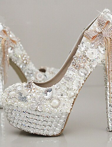  bryllup sko for brud brudepike kvinner lukket tå hvit pu pumps med rhinestone krystall imitasjon perle sløyfe dusk stilett høy hæl plattform bryllupsfest valentinsdag luksuriøse