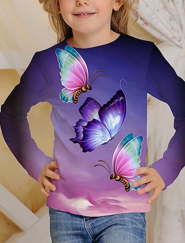  Camiseta de manga larga con estampado de mariposas en 3d para niños y niñas, camisetas de vino para niños, ajuste regular activo de otoño de 4 a 12 años