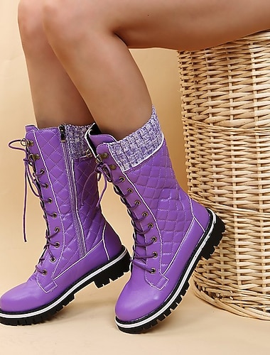  bottes de combat mi-mollet matelassées rouges pour femmes, revers en tricot et lacets avec fermeture éclair latérale, un incontournable de l'hiver élégant pour un confort toute la journée