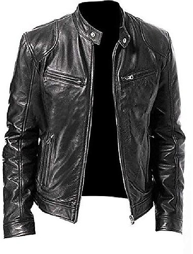 Voor heren Jas van imitatieleer Overgangsjack Bikerjack Casual Dagelijks Thermisch Warm Winddicht Vetoketju Lente Herfst Effen Kleur Zak Vintage Modieus Opstaand Normaal Strak Zilver Zwart zwart