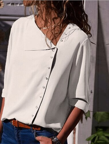  Dame Skjorte Bluse عادي Gatemote Grunnleggende Langermet Skjortekrage Vanlige topper Helg Påske Knapper Svart Hvit Gul Rosa Navyblå Vår Høst