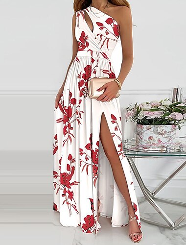  Damen kleid lang Ballkleid abendkleider Schaukelkleid Smaragdgrünes Kleid Elegant Party Romantisch Urlaub Party kleid hochzeitsgast Schlank Blumen Einfarbig Ärmellos Ein-Schulter Schwarz Weiß Rosa