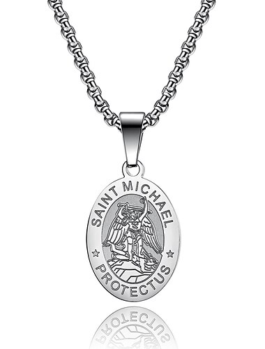  ovale edelstahl saint christopher/michael medaille halskette für männer frauen, silber gold schwarz anhänger halskette schlichter schmuck geschenke (silber saint michael (silber))