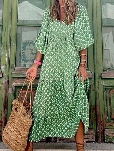  Vestido largo de mujer maxi vestido verde 3/4 manga larga patchwork geométrico otoño cuello en v ajuste suelto 2023 s m l xl