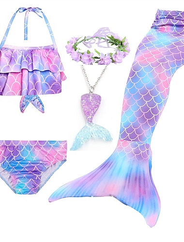  kinderkleidung Mädchen Fünf Stück Meerjungfrau Bademode Bademode Bikini Schwimmen Regenbogen Kuschelig Sexy Bedruckt Badeanzüge 3-10 Jahre Sommer Hellblau Rotgold