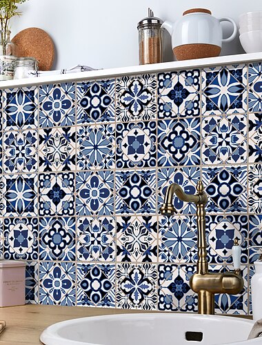  24/48 stks waterdichte creatieve keuken badkamer woonkamer zelfklevende muurstickers waterdichte mode blauwe nordic tegel stickers